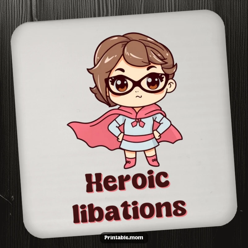 Funny mom coaster featuring a determined mom wearing a superhero cape, adding humor to drink placement.