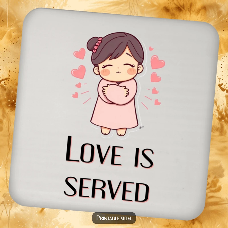 Funny Mom Coaster depicting a mom's hug with radiating hearts, protecting surfaces with love, a delightful and funny gift.