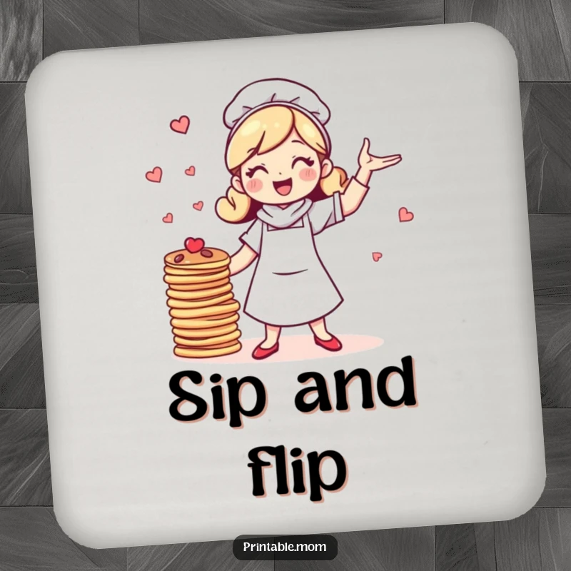Funny coaster featuring a cheerful mom character humorously juggling a stack of pancakes, adding a decorative and humorous touch.
