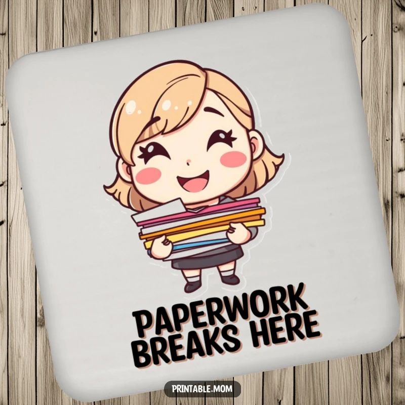 Funny cheerful mom character holding a stack of colorful papers, as a decorative drink coaster.