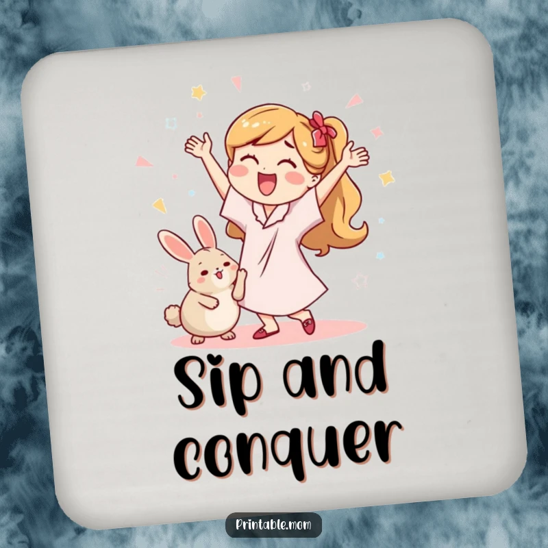 Funny drink coaster depicting a mom dancing with a dust bunny, ideal for protecting surfaces with humor.