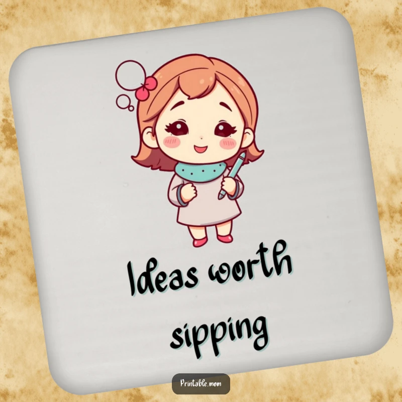 Funny mom drink coaster with a sparkling thought bubble and pen, adding witty flair.