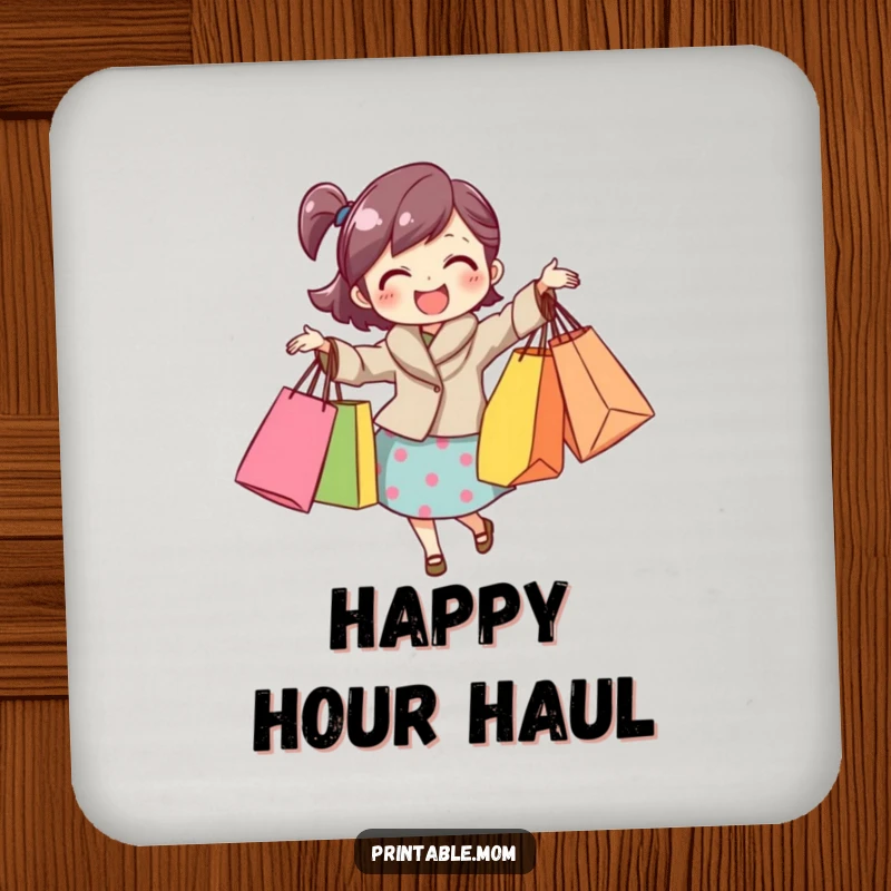 Funny mom coaster featuring a joyful mom balancing shopping bags, adding humor to drink placement.