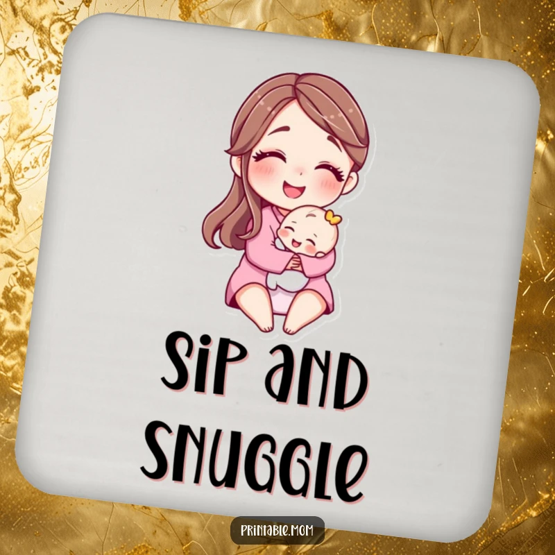 Funny drink coasters with a motherly character smiling and hugging a tiny baby, adding love and humor to your table.