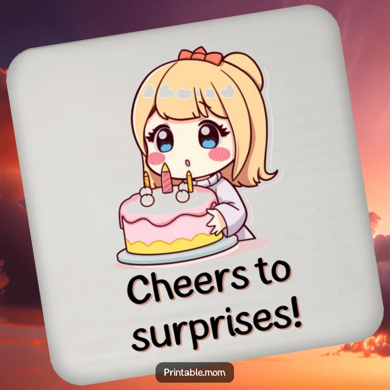 Funny drink coasters featuring a surprised mom character holding a perfectly decorated cake, perfect for a humorous and celebratory touch.