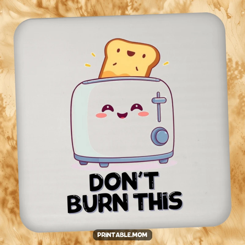 Funny drink coaster with a smiling toaster launching toast in surprise, protecting furniture with breakfast-themed humor.