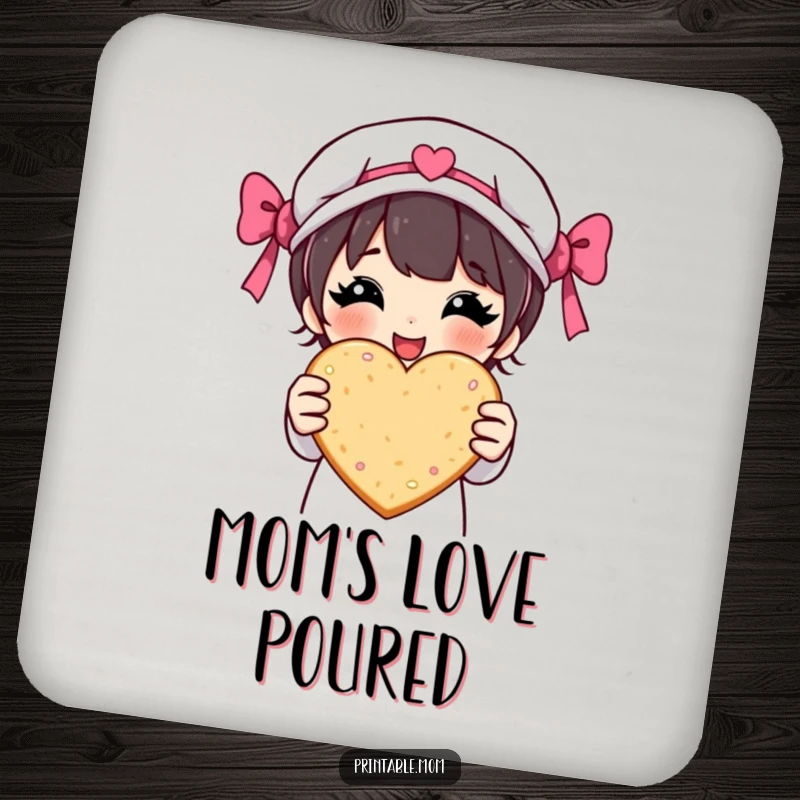 Funny drink coaster featuring a proud mom character holding a heart-shaped cookie, protecting surfaces with style and humor.