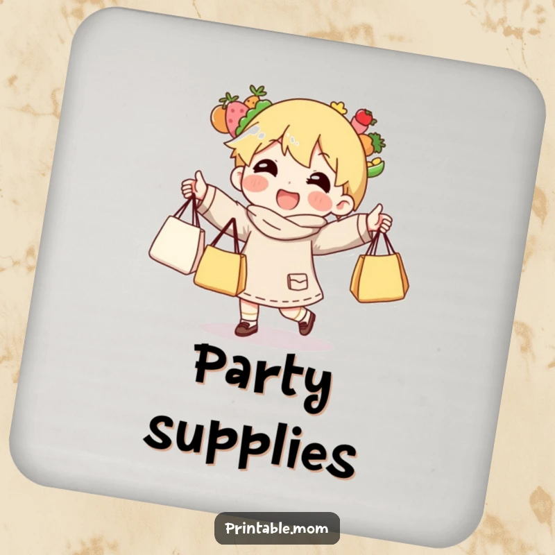 Funny drink coasters showing a character comically juggling grocery bags.