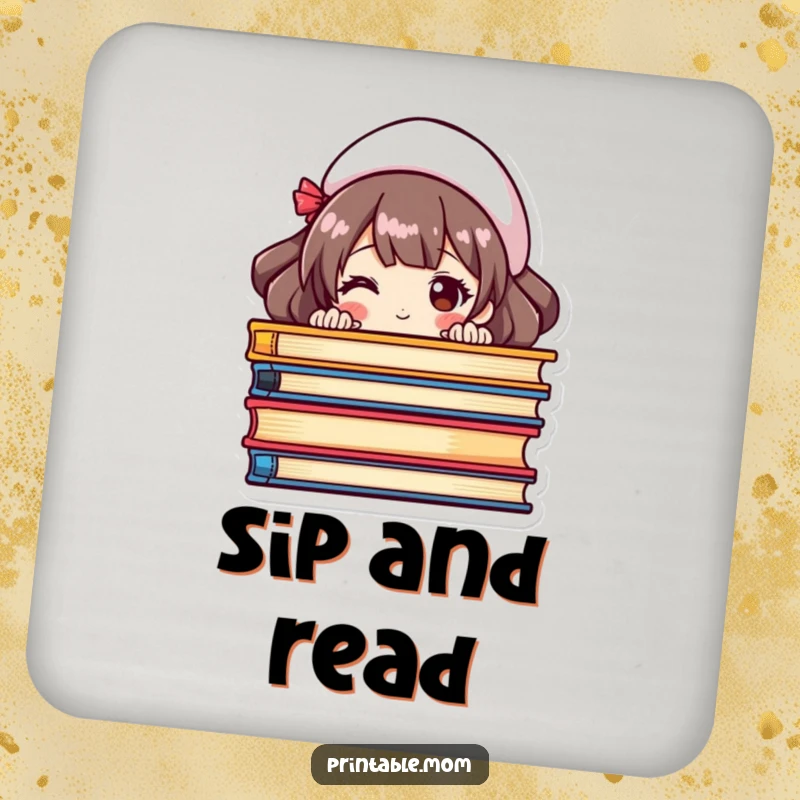 Funny drink coasters showcasing a mom peeking from behind a stack of colorful books, celebrating reading.