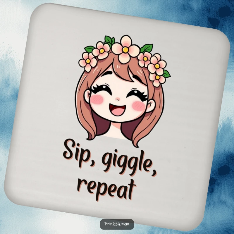 Funny drink coasters with a mom in a flower crown giggling, adding floral charm and surface protection.