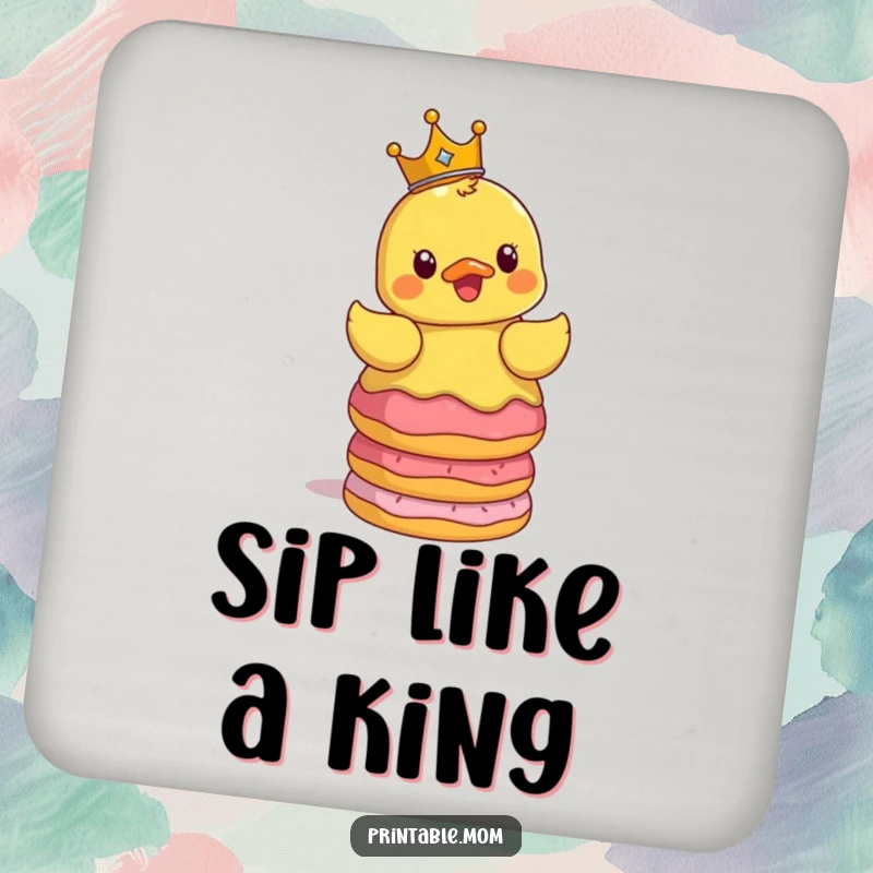 Funny drink coaster with a surprised rubber ducky wearing a crown, balancing a stack of donuts, protecting furniture with style.