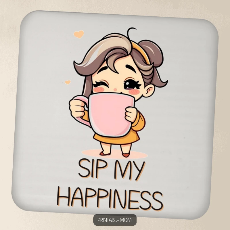 Funny drink coasters showcasing a mom with a wide grin holding an extra-large coffee mug, celebrating coffee culture.