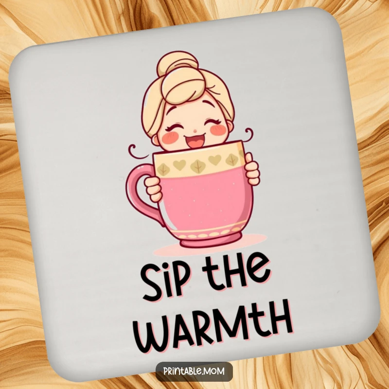 Funny coaster with a happy mom character smiling warmly while hugging a giant, colorful coffee mug, perfect for table protection.