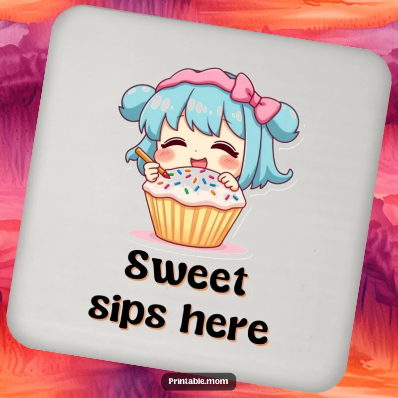 Funny Drink Coaster: Character giggling while decorating a cupcake with sprinkles, a humorous and protective accessory for tables.