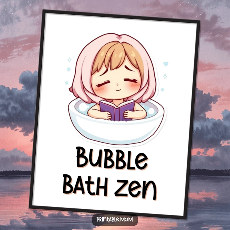 Funny poster art of a tired, smiling mom character enjoying a relaxing bubble bath while reading a book.