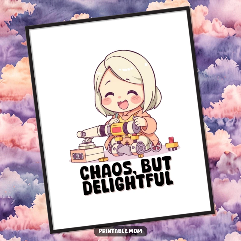 Funny poster of a giggling mom character delightedly trying to assemble a complicated toy, bringing humorous parenting art to any room.