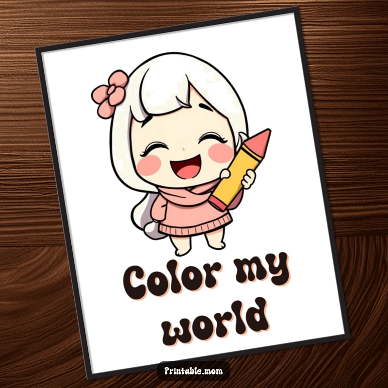 Funny mom art print with a cheerful character giggling while holding a colorful crayon, perfect for creative spaces.