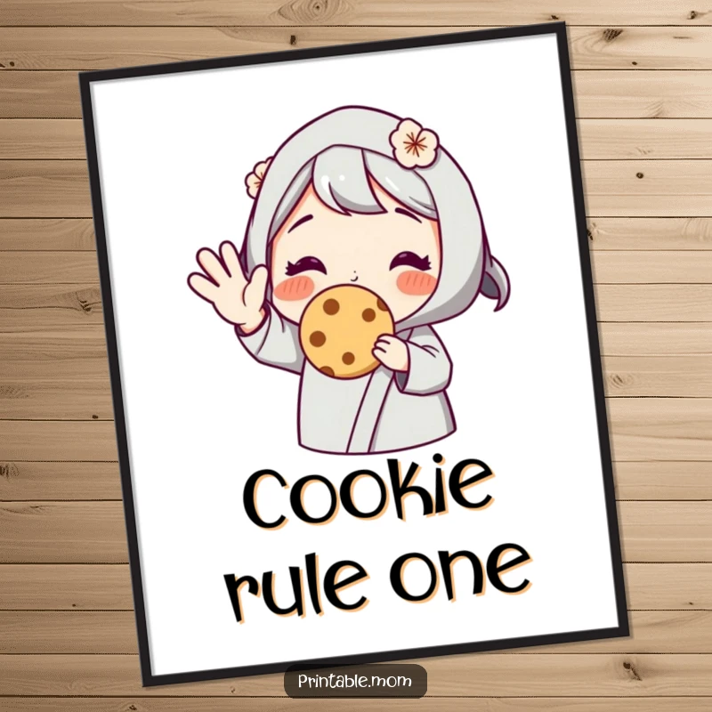 Funny poster art of a mom character waving and offering a warm cookie, ideal for kitchen decor and conveying a sweet message.