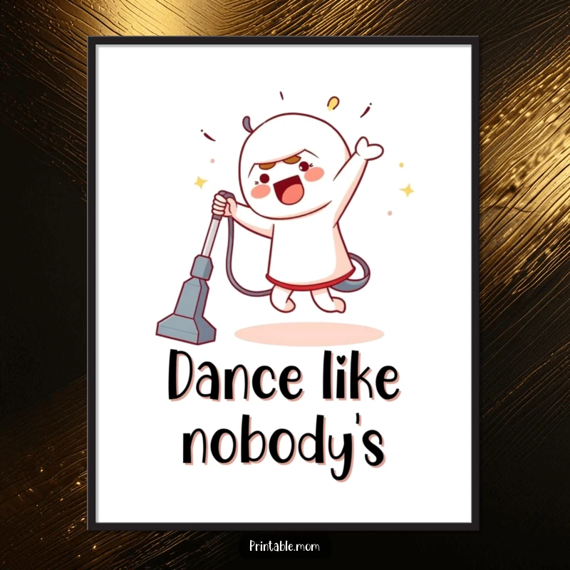 Funny poster illustrating a character in a comical dance routine with a vacuum cleaner, a humorous and energetic piece of wall art.