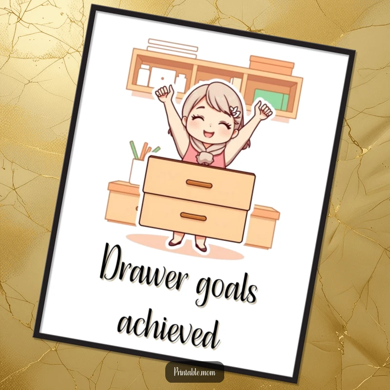 Funny poster art of a triumphant mom character holding open a perfectly organized drawer, a symbol of her masterful tidiness.