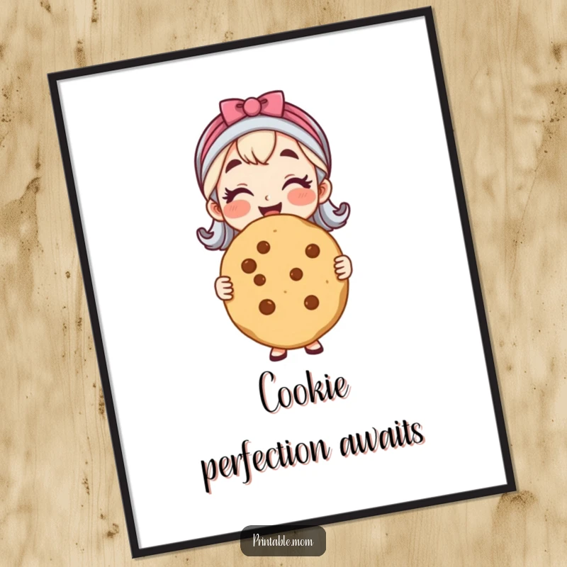 Funny poster art of a cheerful mom proudly displaying a large, flawless baked cookie, celebrating homemade goodness.
