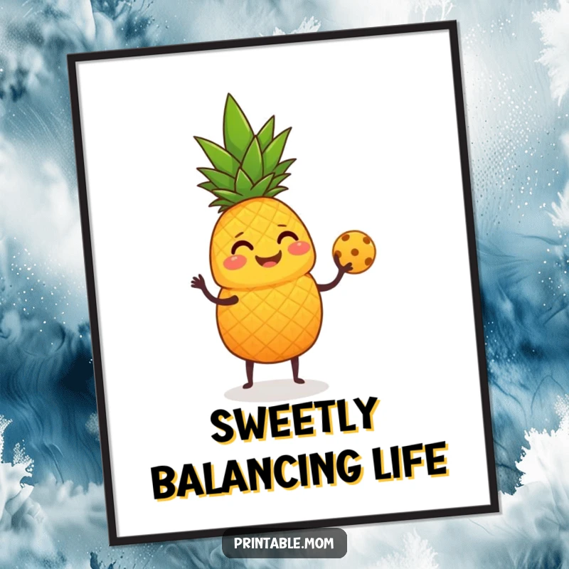 Funny Poster depicting a giggling pineapple juggling small fruits with its leafy top.
