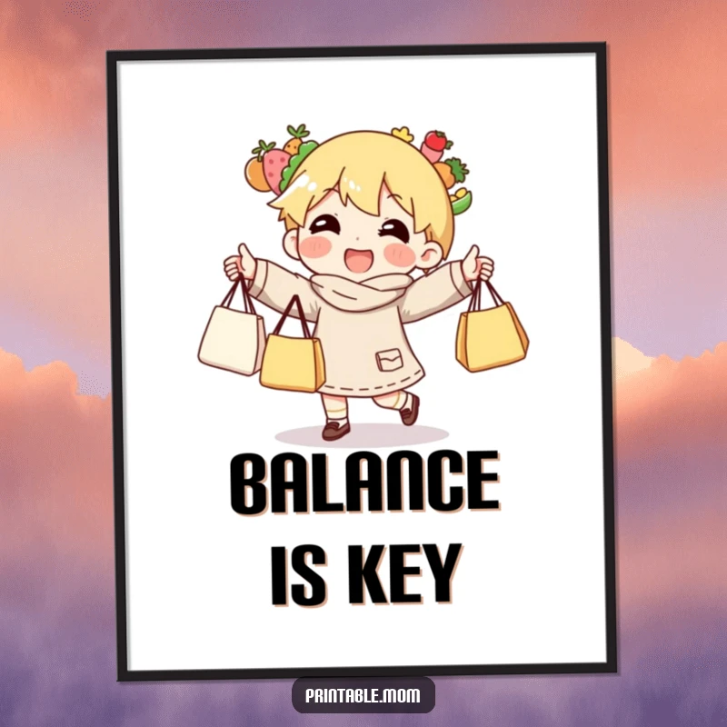 Funny poster depicting a character comically juggling an impressive stack of grocery bags.