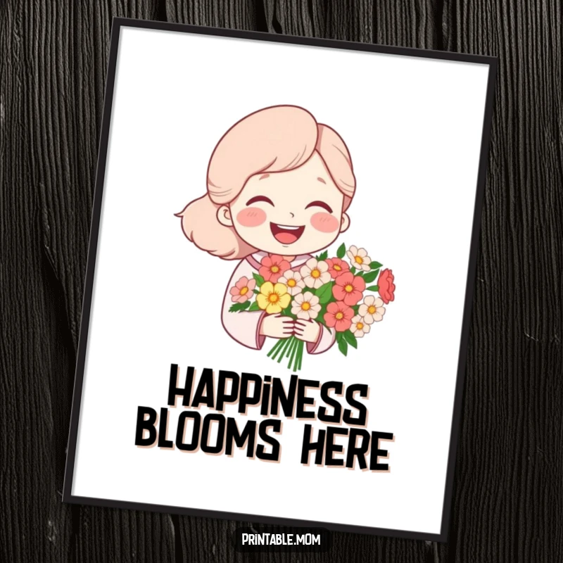 Funny poster art of a mom character laughing heartily while holding a bouquet of flowers, bringing cheer to any room.