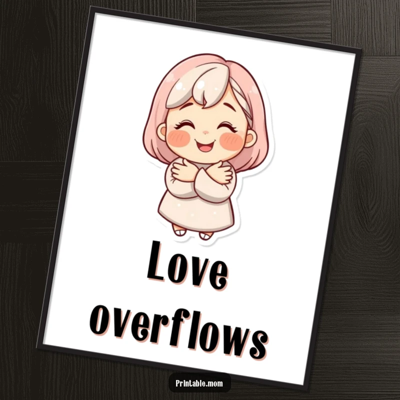 Funny mom character with a radiant smile providing a warm, comforting hug on a beautiful poster.