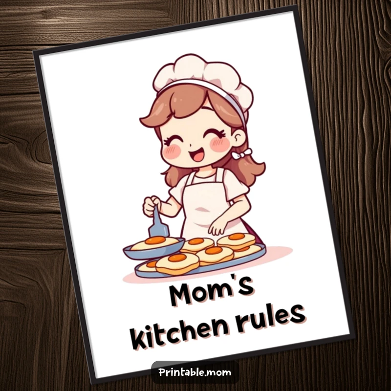 Funny poster of a cheerful mom wearing an apron, flipping pancakes with skill and happiness.