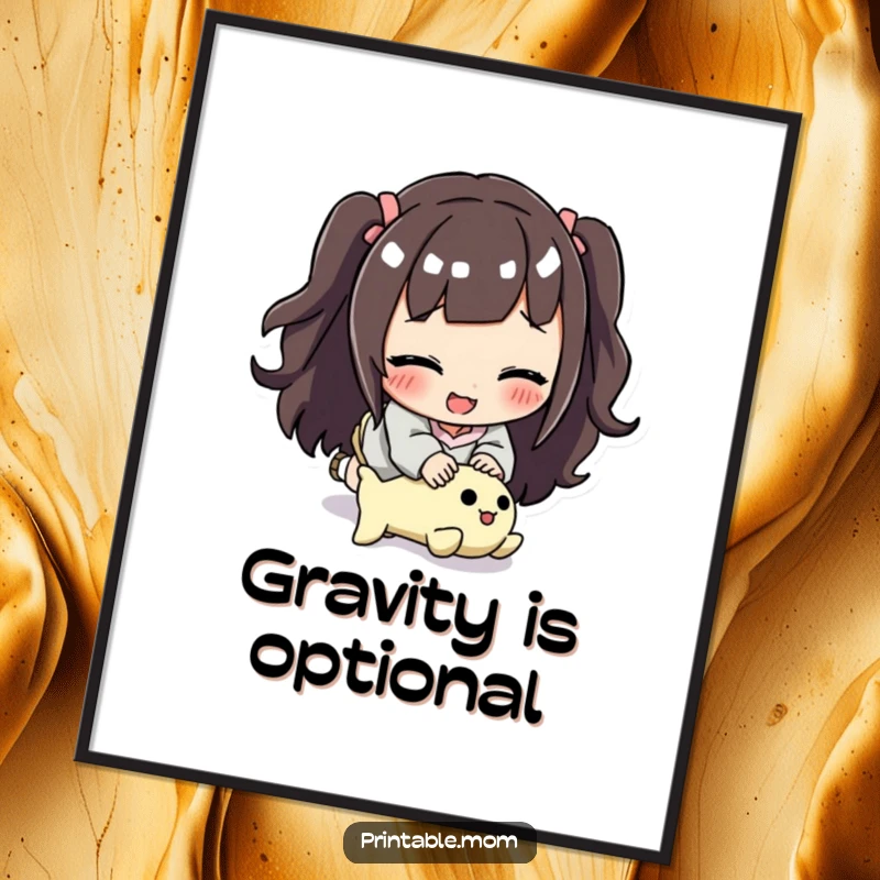 Funny mom poster showing a smiling mom comically tripping over a toy, ideal for nursery or playroom decor.