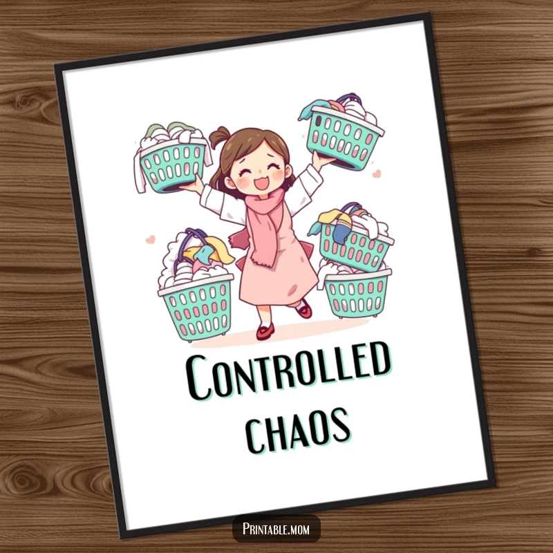 Funny poster of a cute mom character gleefully juggling overflowing laundry baskets, capturing the humorous essence of motherhood.