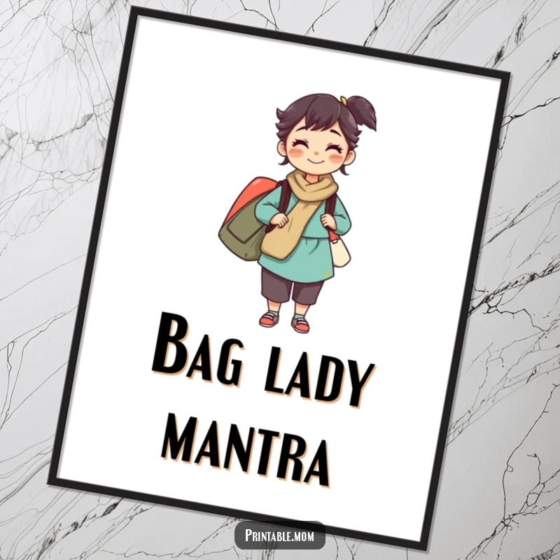 Funny poster art of a mom character determinedly balancing multiple bags, representing strength and multitasking, perfect for motivational decor.