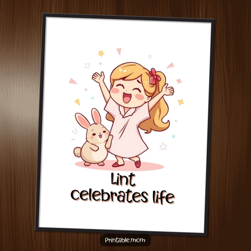 Funny poster art of a mom doing a celebratory dance with a dust bunny, bringing joy and humor to any room.