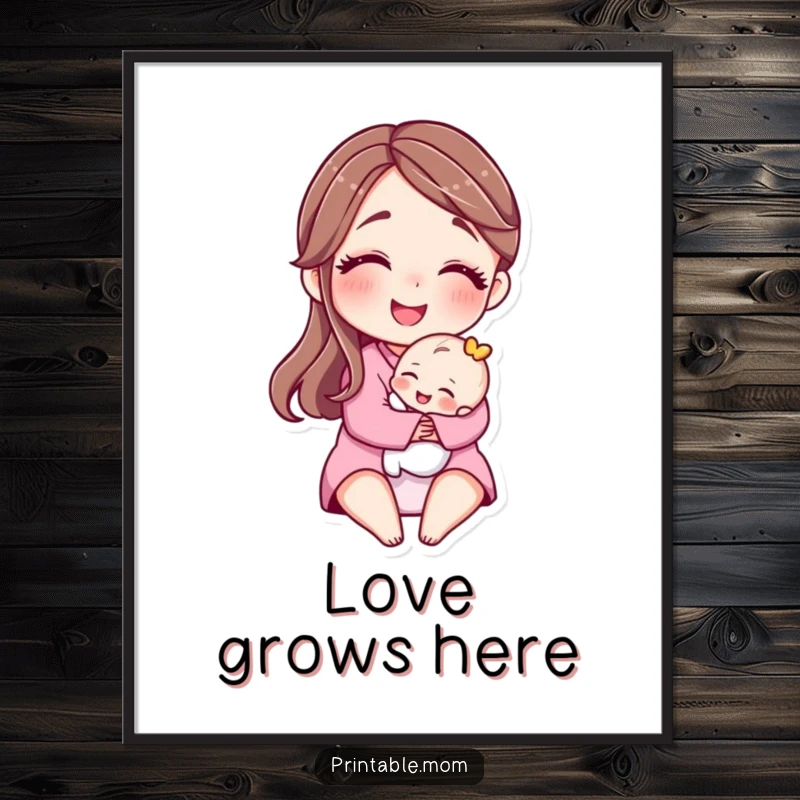 Funny poster depicting a smiling motherly character embracing a tiny baby, radiating warmth, love, and gentle humor.