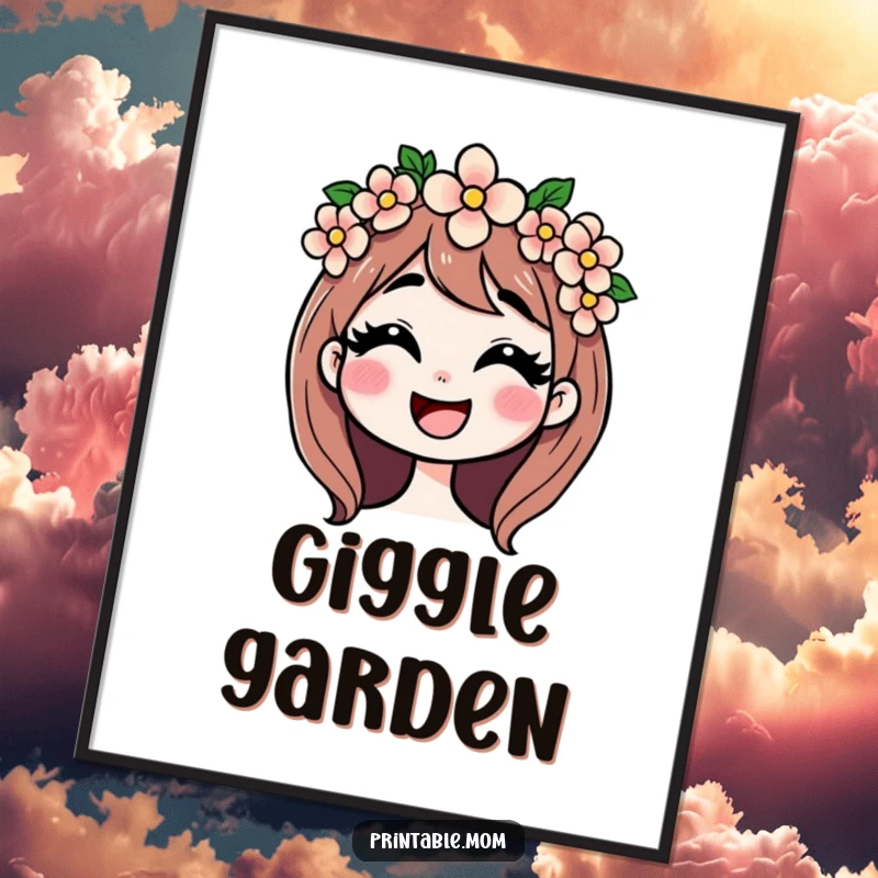 Funny poster of a mom in a flower crown giggling, capturing the beauty of maternal happiness and gentle humor.