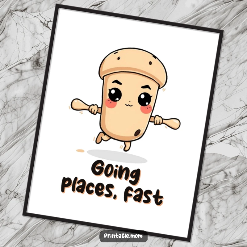 Funny determined rolling pin in mid-escape, creating a humorous and dynamic piece of wall art for kitchens