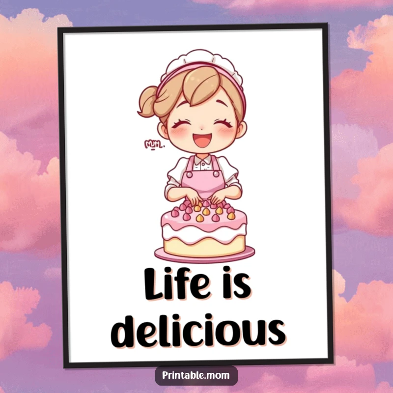 Funny mom character in an apron, joyfully decorating a cake, as a poster.