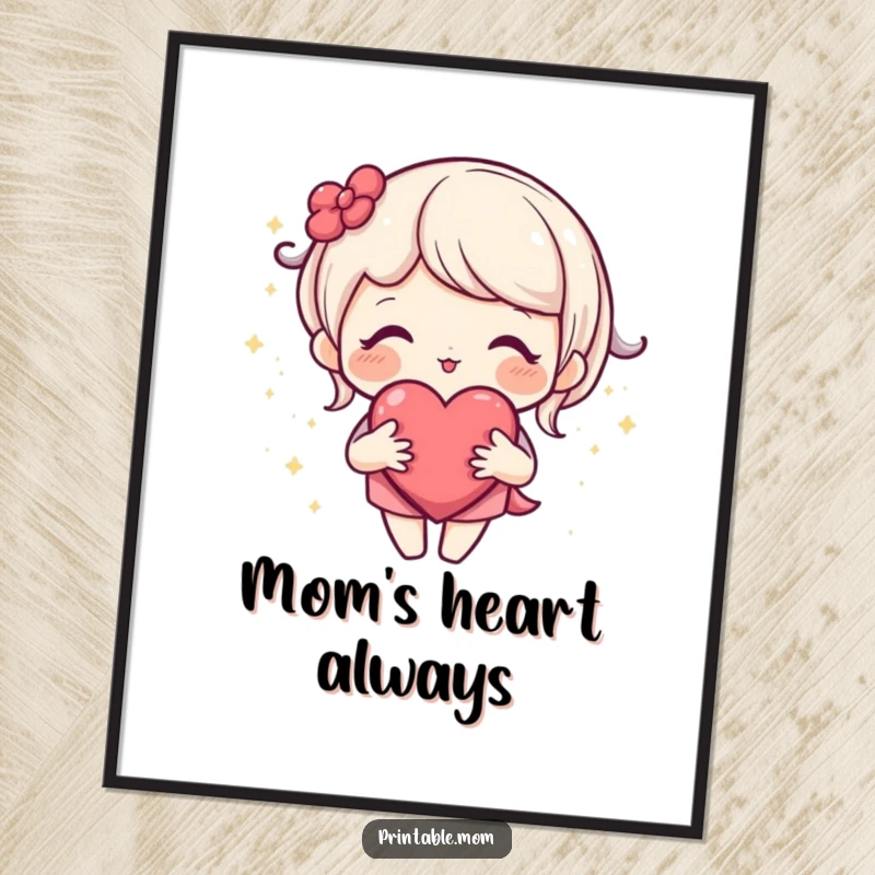 Funny poster art of a loving mom character with an open heart emitting tiny sparkles, representing warmth and affection.