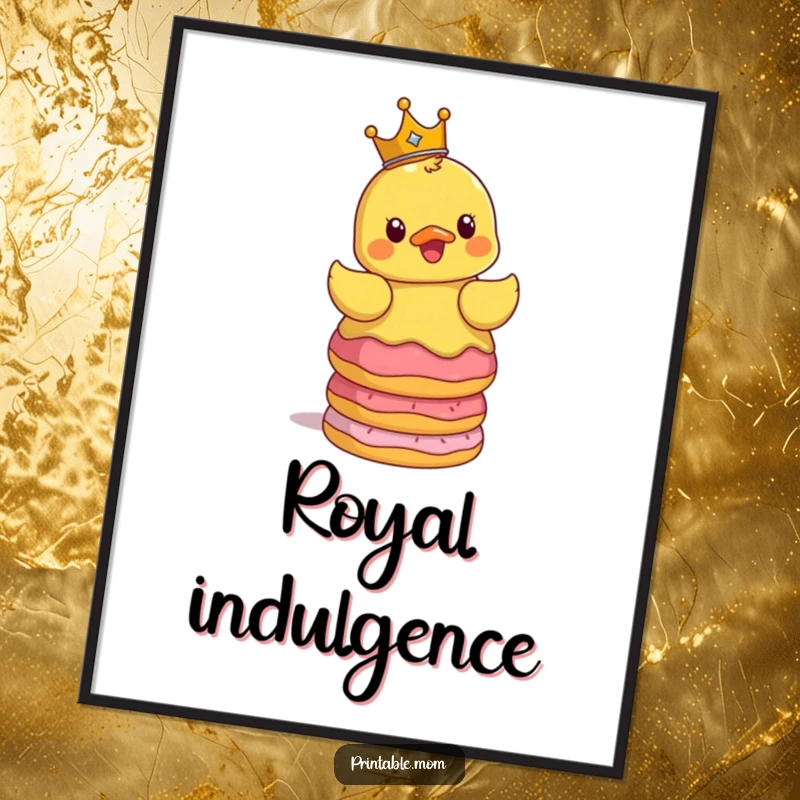 Funny poster of a surprised rubber ducky in a tiny crown, expertly balancing a towering stack of donuts, bringing joy to any room.