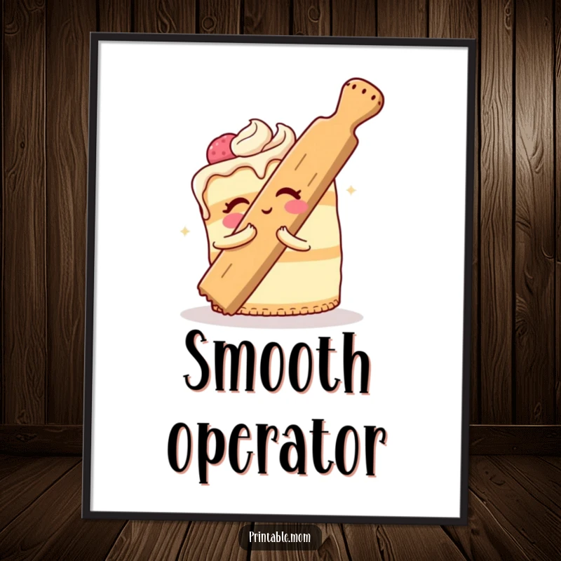 Funny Cake Poster of a cheerful cake attempting to comically hug a giant rolling pin, a humorous and amusing baking wall art.