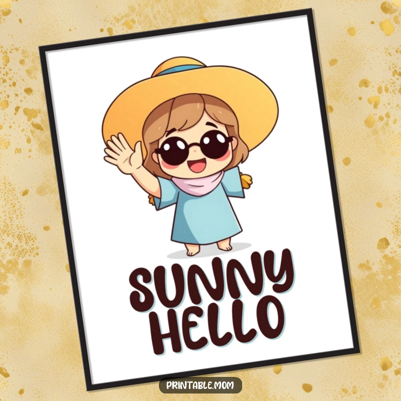 Funny poster of a mom in a sun hat enthusiastically waving, capturing energetic greetings and maternal warmth.