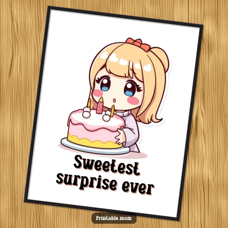 Funny poster print of a surprised mom character holding a perfectly decorated cake, celebrating baking success with humor.
