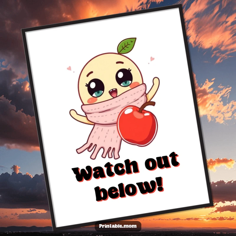 Funny poster featuring a knitted scarf with large googly eyes, waving emotively at a falling apple, creating a whimsical scene.
