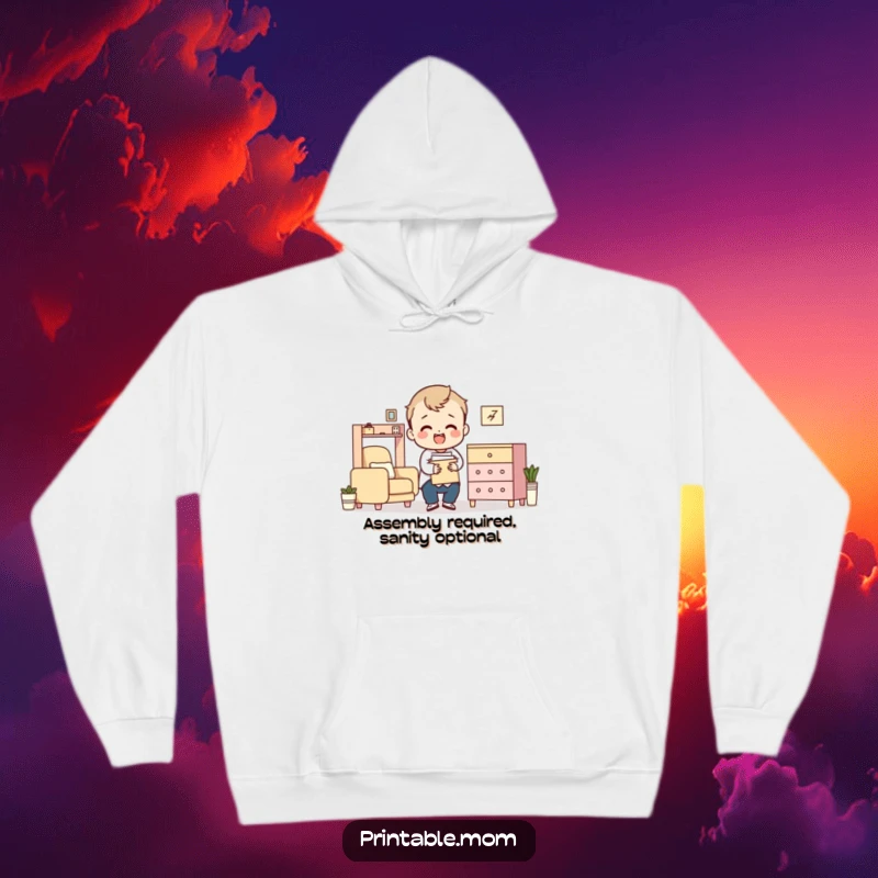 Funny hoodie illustrating a character comically overwhelmed by flat-pack furniture parts and instructions.