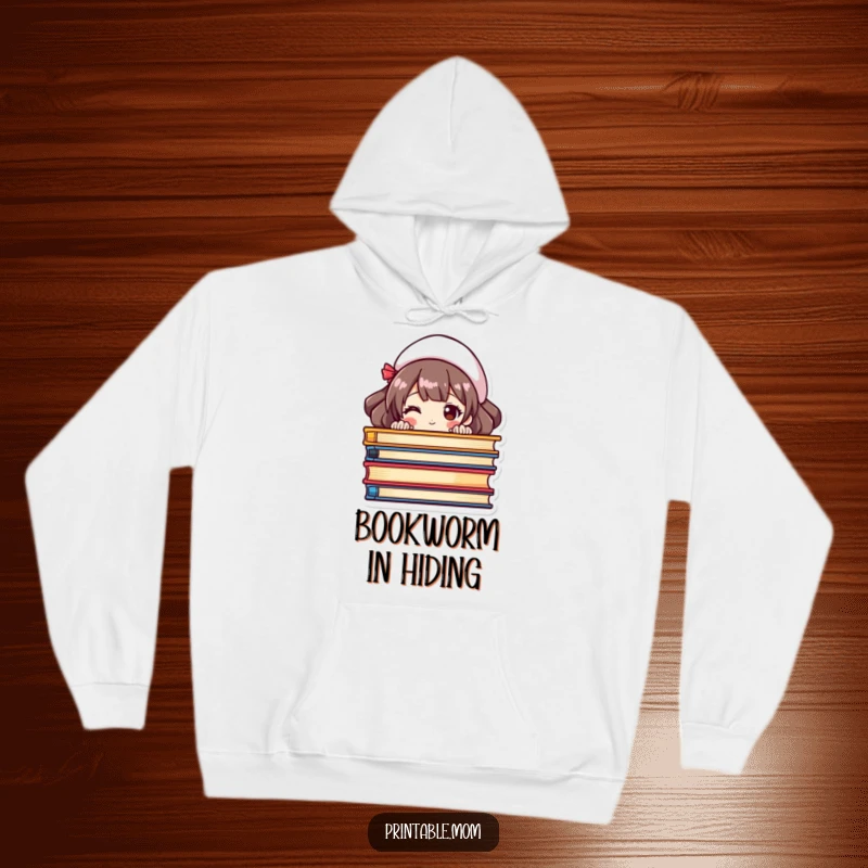 Funny hoodie with a mom peeking from behind a colorful pile of books, celebrating her literary adventures.