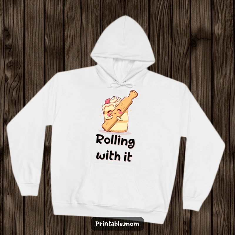 Funny Cake Hoodie featuring a cheerful baked good comically hugging a giant rolling pin, a cozy and humorous baking graphic.