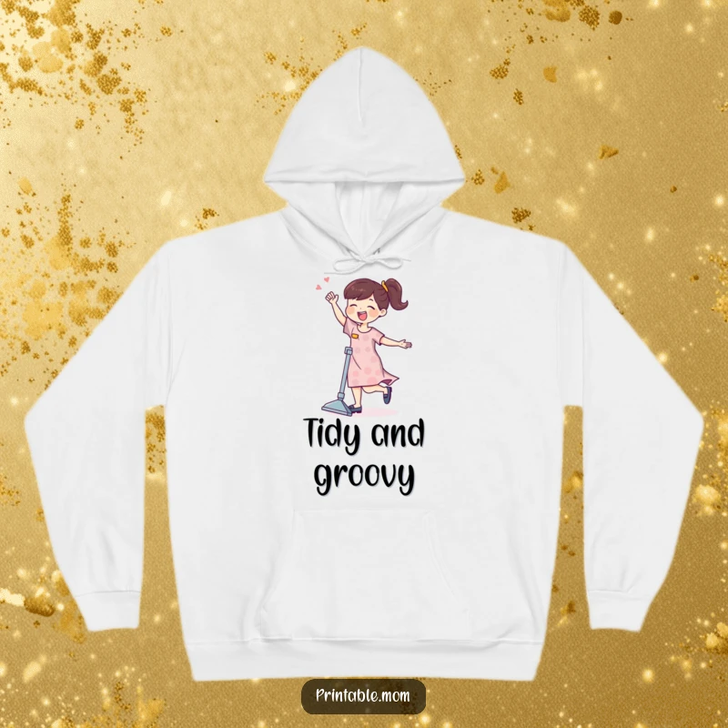 Funny mom character joyfully dancing with a vacuum cleaner on a warm and comfy chore-themed hoodie.