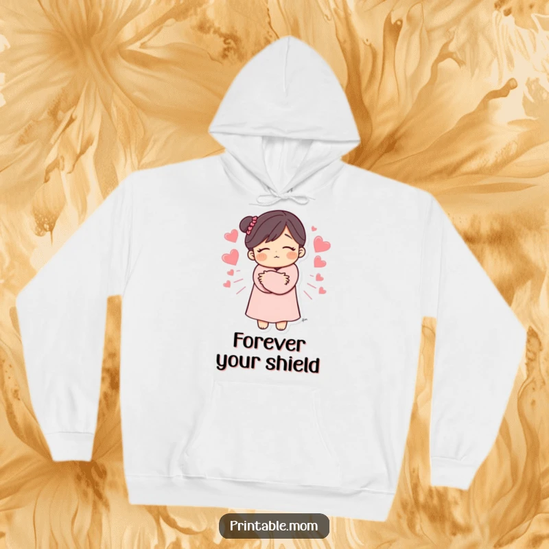Funny Mom Hoodie with a warm hug and radiating hearts, symbolizing love and comfort, an ideal cozy and funny gift for moms.