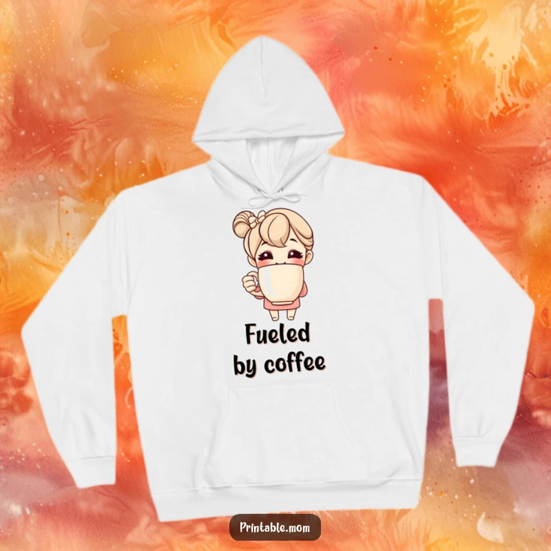 Funny hoodie depicting a happy mom character holding a massive coffee mug, perfect for chilly mornings and coffee breaks.